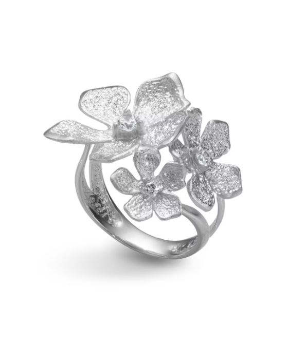 Stardust Flower ring åpen i rhodinert sølv