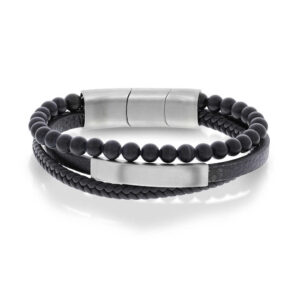 Armbånd i stål, sort skinn og onyks