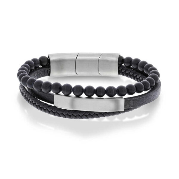Armbånd i stål, sort skinn og onyks