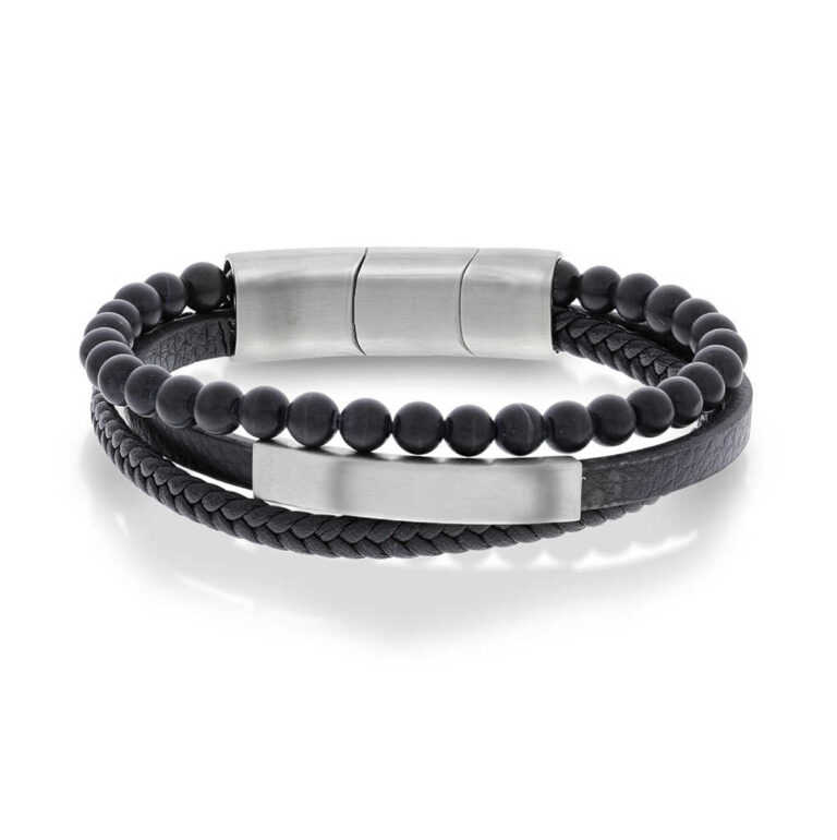 Armbånd i stål, sort skinn og onyks