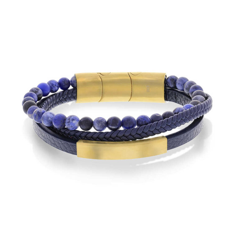 Armbånd i gullfarget stål, blått skinn og sten