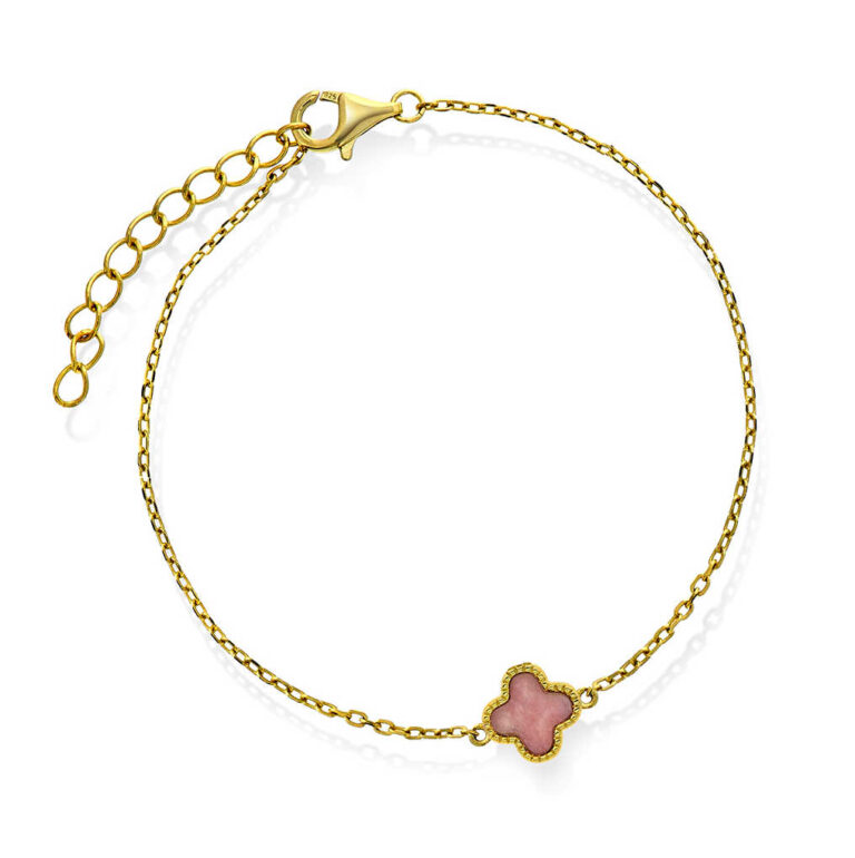 Armbånd firkløver i forgylt sølv med rosa rhodokrositt