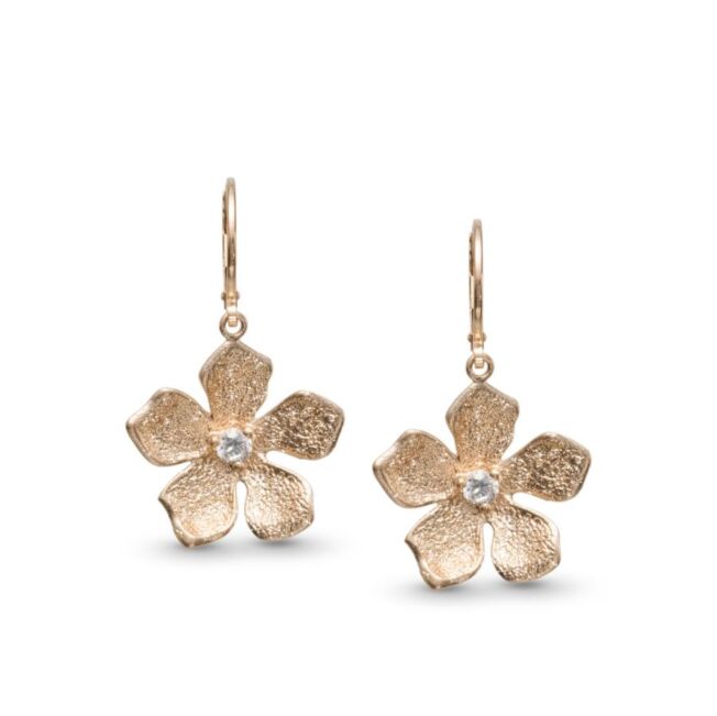 Hengeørepynt i forgylt sølv med 20 mm blomster med c.zirkonia. Stardust overflate fra Catwalk Exclusive