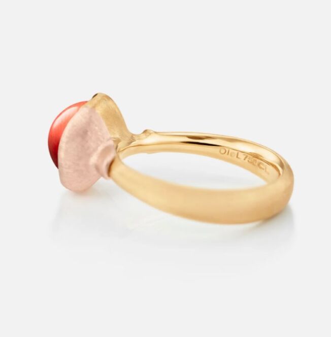 Lotus ring nr 1 i 18 k gult gull med rød korall