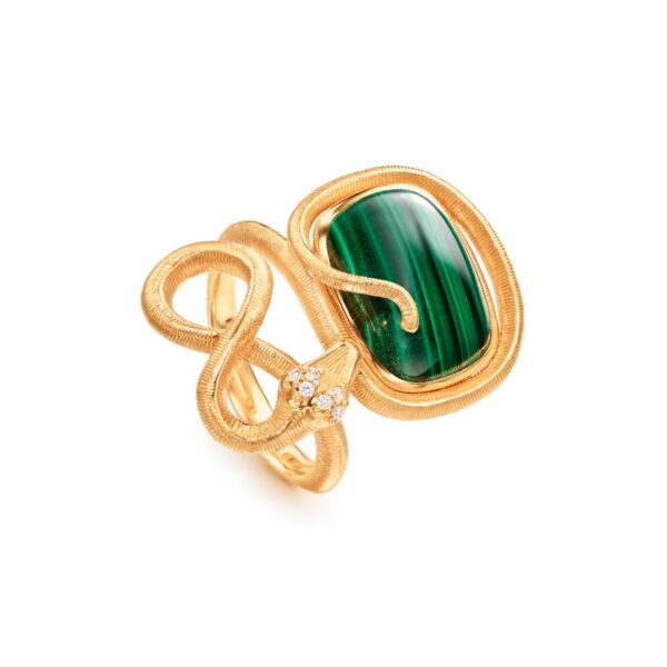 OLE LYNGGAARD COPENHAGEN  Snakes ring i gult gull med malakitt og diamanter
