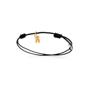 Den minste elefanten fra Ole Lynggaard i gult gull, med diamant i snablen., på sort snor som armbånd