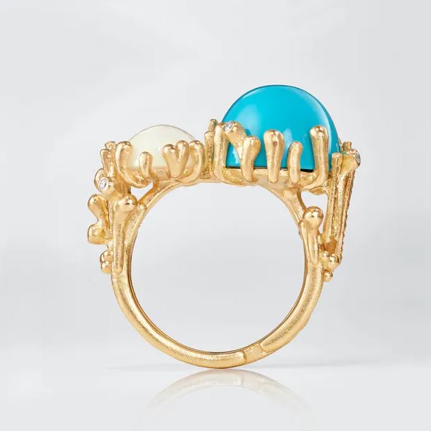 OLE LYNGGAARD COPENHAGEN BoHo ring double i gult gull med opal og turkis