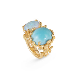 OLE LYNGGAARD COPENHAGEN BoHo ring double i gult gull med opal og turkis