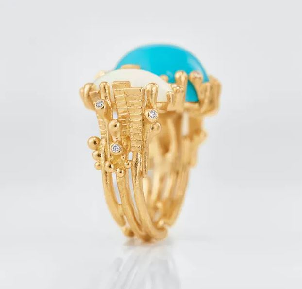 OLE LYNGGAARD COPENHAGEN BoHo ring double i gult gull med opal og turkis