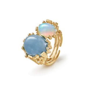 OLE LYNGGAARD COPENHAGEN  BoHo ring double i gult gull med opal og akvamarin