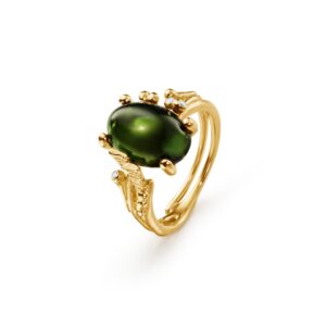 OLE LYNGGAARD COPENHAGEN  BoHo ring small i gult gull med grønn turmalin