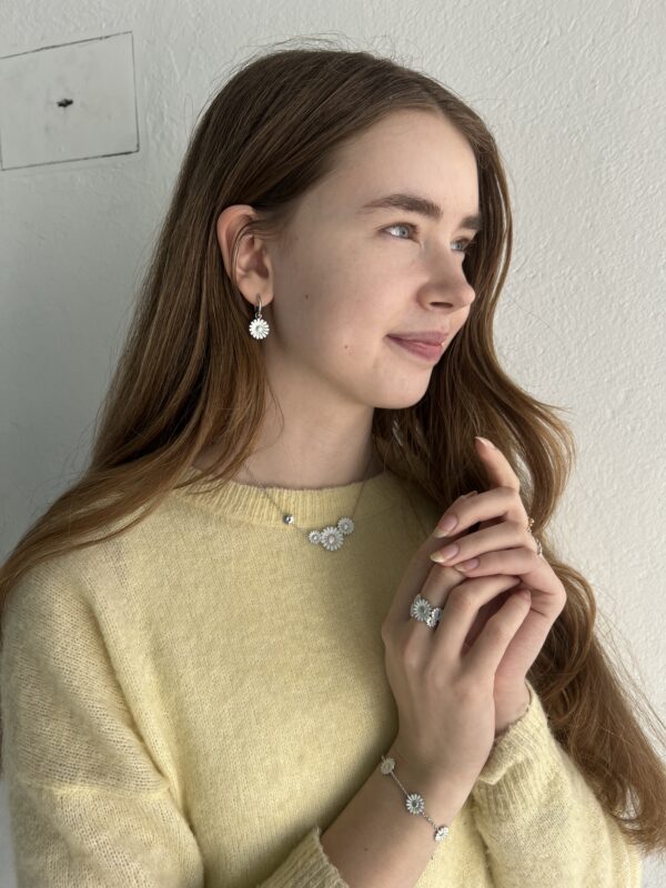 Georg Jensen “Daisy øreringer" i sølv med hvit emaljert blomst
