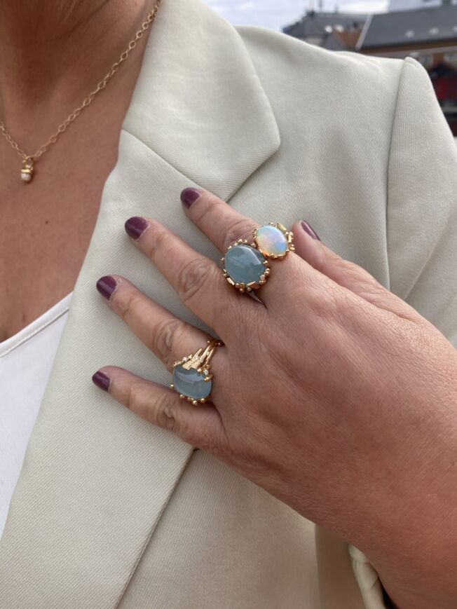 OLE LYNGGAARD COPENHAGEN  BoHo ring double i gult gull med opal og akvamarin