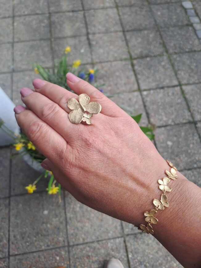 Armbånd og ring med sommerfugl, stardust overflate