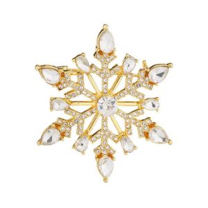 Julenål, snøkrystall med blanke stener i gullfarget metall