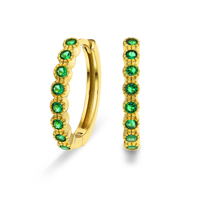 Nora Mørk øreringer i forgylt sølv med grønne c.zirkonia