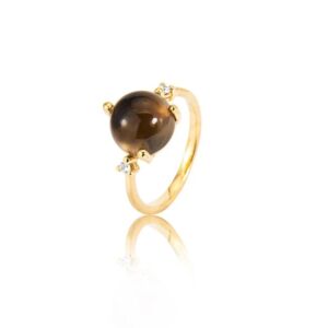 Noën "Stellini" ring i gult gull med diamanter og røkkvarts
