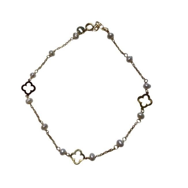 S268827 Armbånd i 18 karat gult gull med perler og kløversymbol