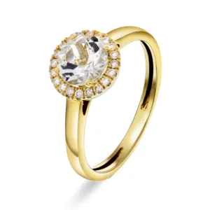 Rosett ring i gult gull med hvit topas og diamanter