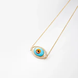 Evil eye kjede med diamanter, turkis, tigerøye og sort agat i 750 gult gull fra Ole Lynggaard