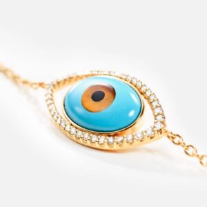 Evil eye armbånd med diamanter, turkis, tigerøye og sort agat i 750 gult gull fra Ole Lynggaard