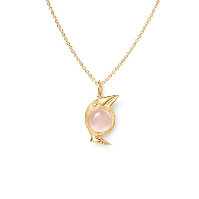 OLE LYNGGAARD COPENHAGEN Bird Family Pendant i gult gull med rosenkvarts