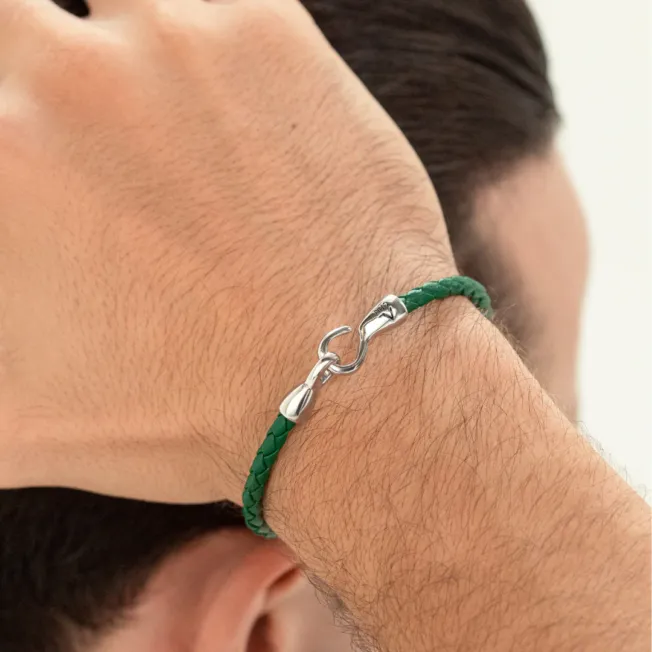 Single Bolo Leather Green armbånd en rad flettet skinn