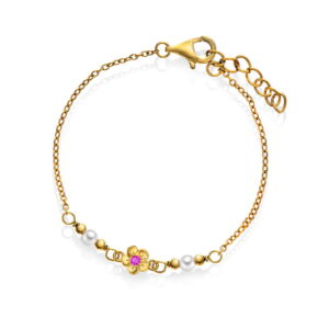 Armbånd til barn i forgylt sølv med 2 perler og blomst med c.zirkonia
