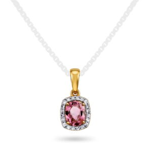 Anheng i gult gull med rosa turmalin omkranset av diamanter,
