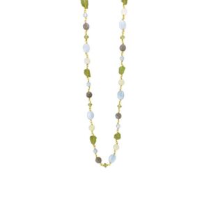 Et elegant og annerledes kjede som kan brukes i mange ulike sammenhenger. Følgende stener: Akvamarin. labradoritt, lysgrønn serpentin og peridot