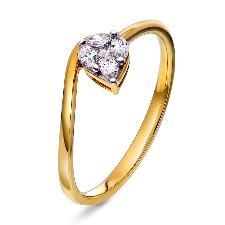 Ring i 14 k gult gul slank ringskinne med dråpeformet del med diamanter, totalt 0,15 ct