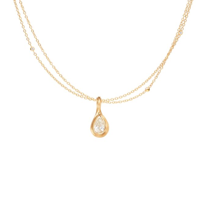 Anheng med pæreslipt diamant i 18 K gult gull- på kjede